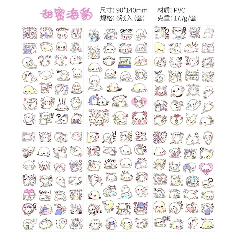 6Pcs/Lot Waterproof Cartoon Transparent Pvc Stickers DIY Hand Account Diary Decorative Stickers Kawaii Phone Cup Stickers