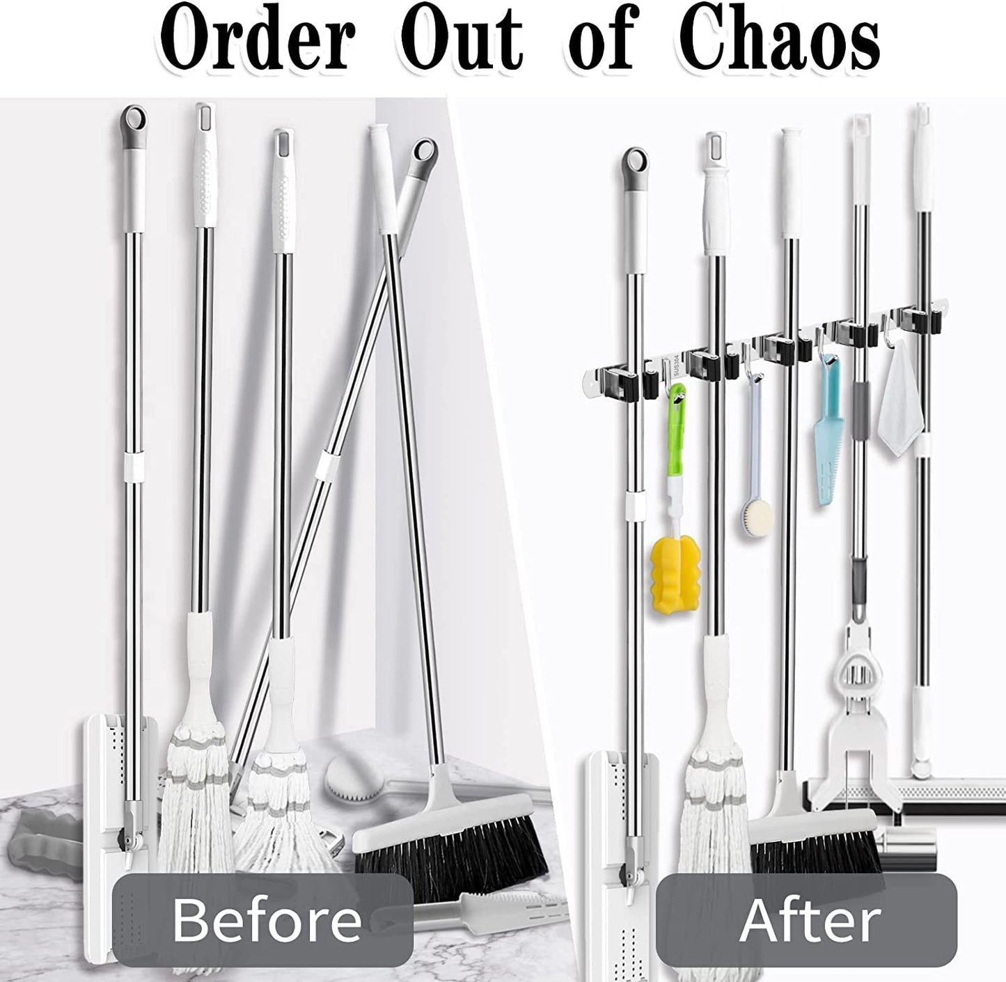 5 Holders+4 Hooks Broom Holder Wall Mounted with Nails Installation, Heavy Duty Stainless Steel Mop Holder, Brush Mop and Broom Storage Self Adhesive