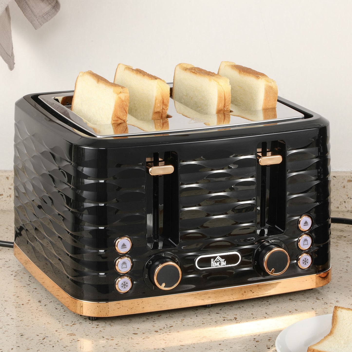 HOMCOM Toaster with 4 Slot, 7 Browning Levels, 1600W, Black Ripple