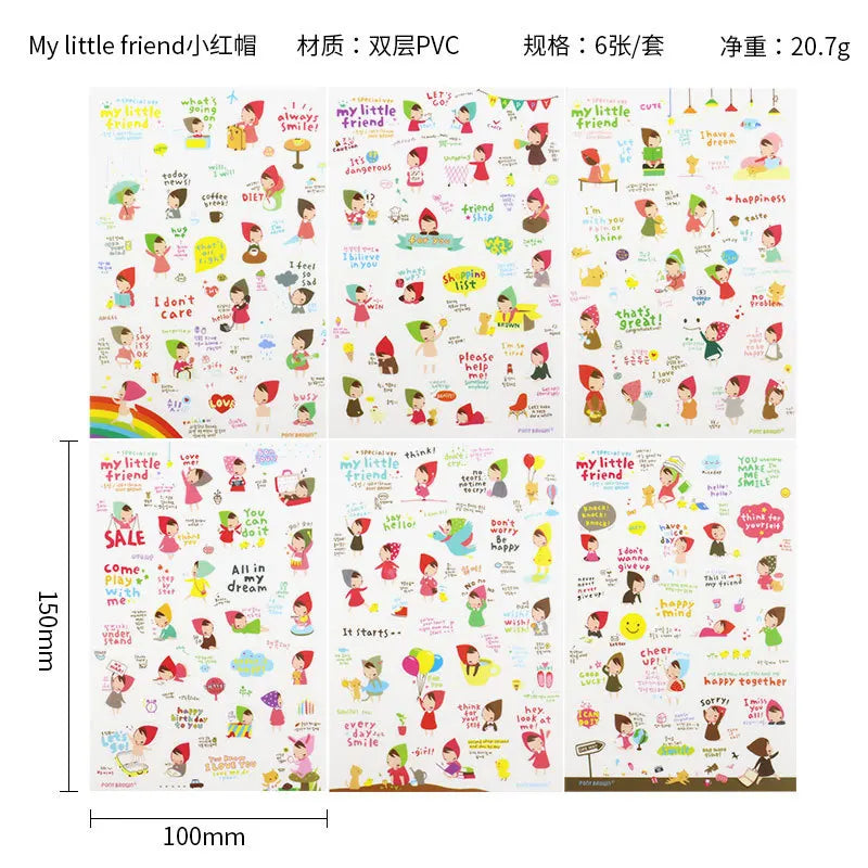 6Pcs/Lot Waterproof Cartoon Transparent Pvc Stickers DIY Hand Account Diary Decorative Stickers Kawaii Phone Cup Stickers