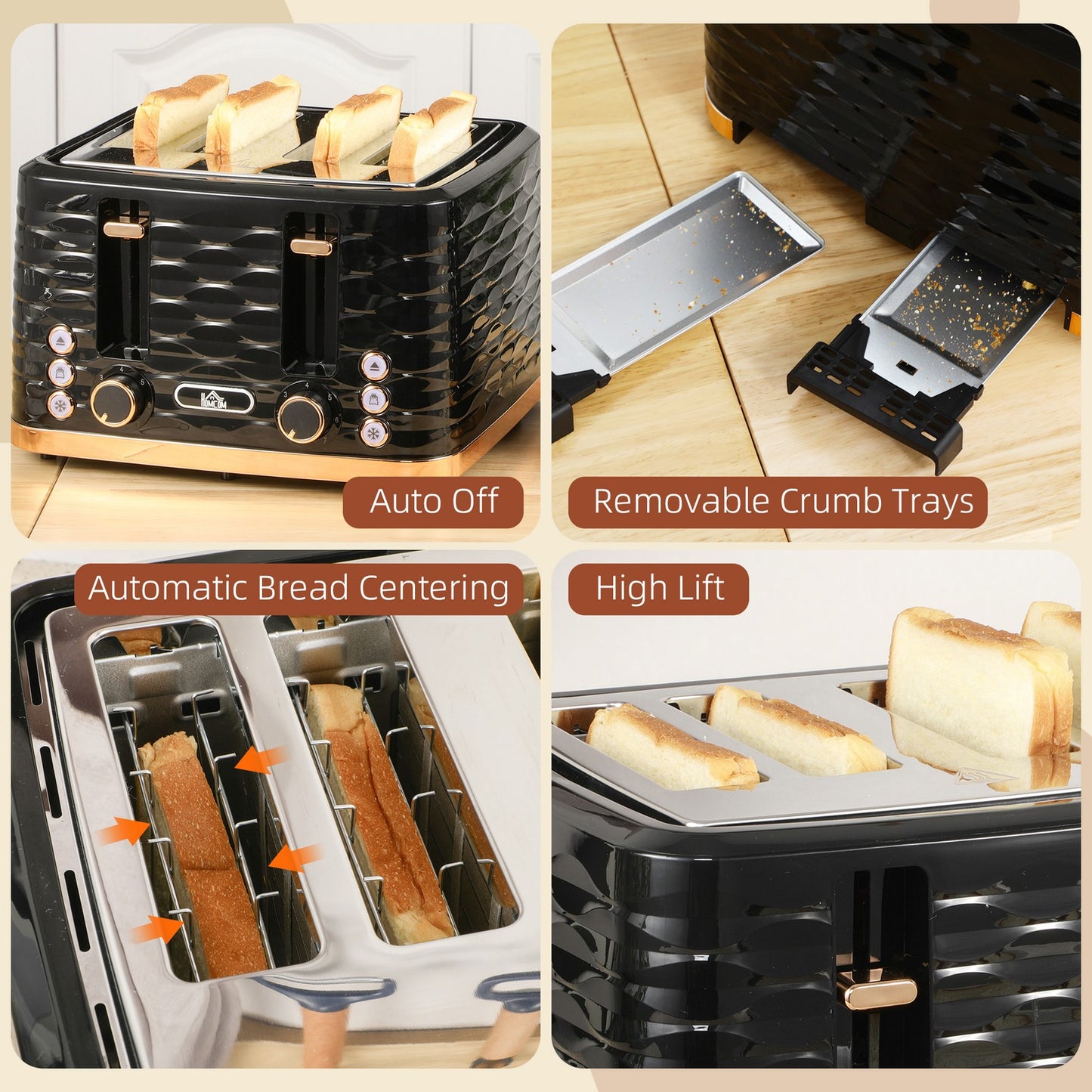 HOMCOM Toaster with 4 Slot, 7 Browning Levels, 1600W, Black Ripple