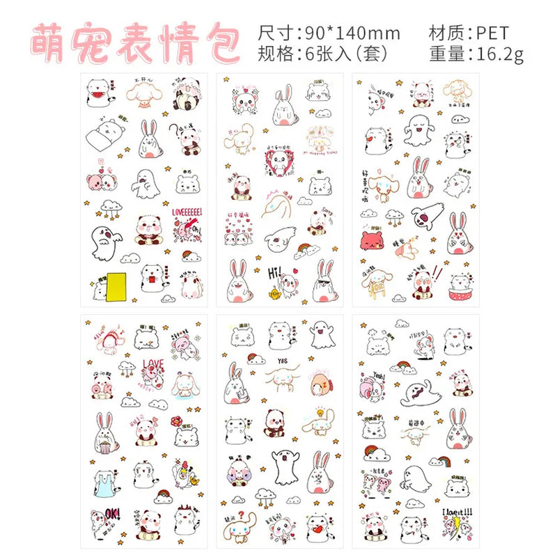 6Pcs/Lot Waterproof Cartoon Transparent Pvc Stickers DIY Hand Account Diary Decorative Stickers Kawaii Phone Cup Stickers