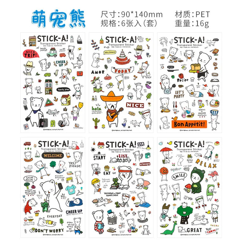 6Pcs/Lot Waterproof Cartoon Transparent Pvc Stickers DIY Hand Account Diary Decorative Stickers Kawaii Phone Cup Stickers