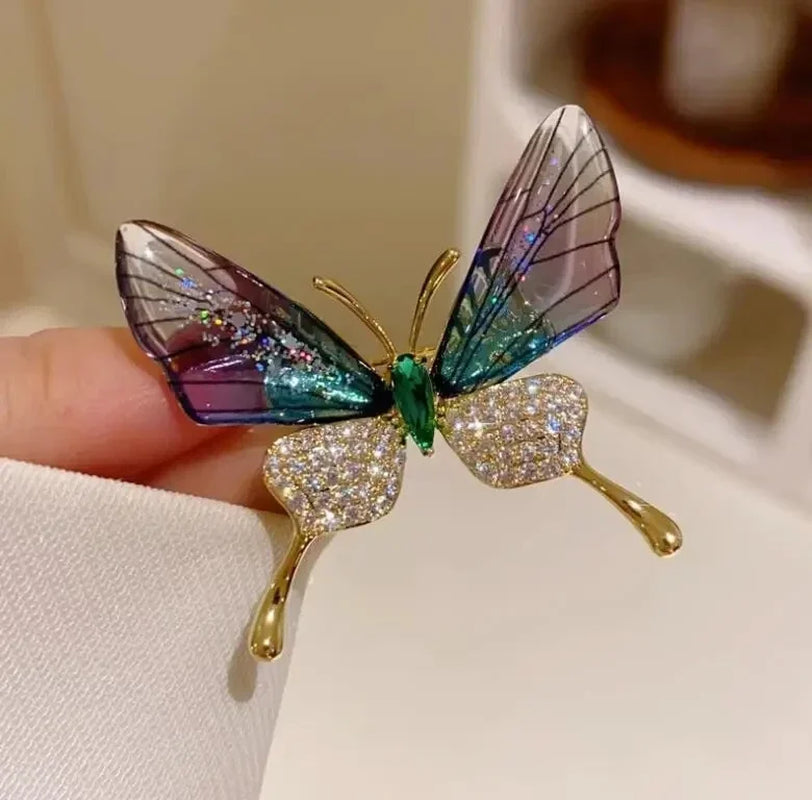 Fashion Women Girls Elegant Emerald Crystal Butterfly Brooches Badges Classic Lady Dress Suit High-End Pins Jewelry