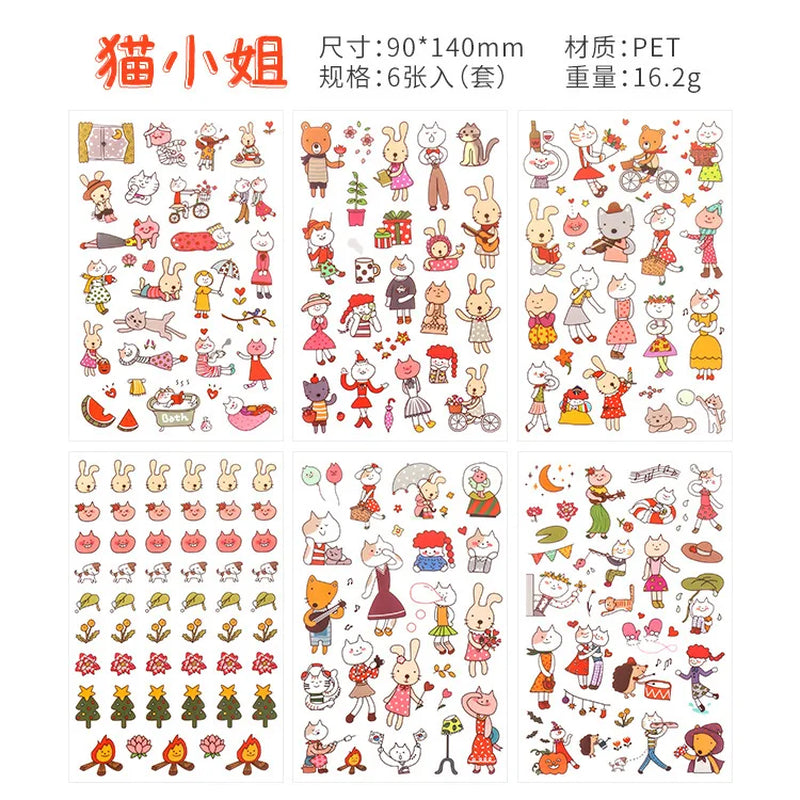 6Pcs/Lot Waterproof Cartoon Transparent Pvc Stickers DIY Hand Account Diary Decorative Stickers Kawaii Phone Cup Stickers