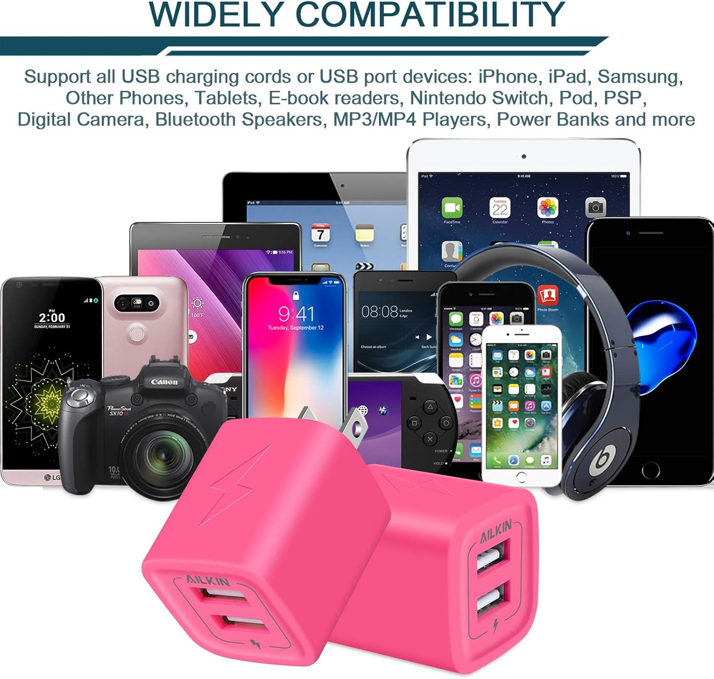 Wall Charger, USB Plug Fast Charging Block, Power Adapter Cube 2 Port Charge Travel Brick Cell Quick Chargers Box for Iphone Samsung Galaxy USB Box Base Brick