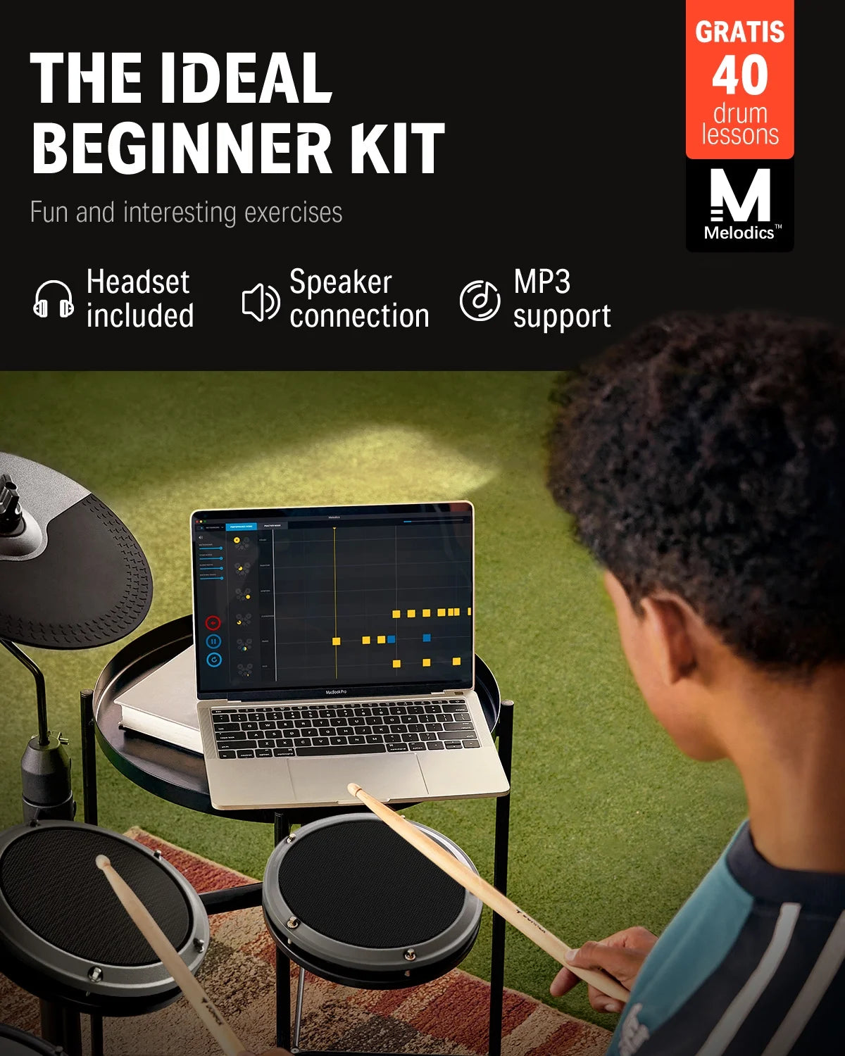 Electric Drum Set for Beginner with 180+ Sounds, Quiet Mesh Kid Child Students Electronic Drum Kit with Heavy Duty Pedals, On-Ear Headphones, DED-80 New Update Color