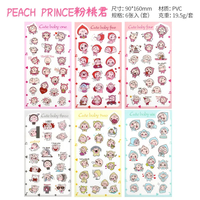 6Pcs/Lot Waterproof Cartoon Transparent Pvc Stickers DIY Hand Account Diary Decorative Stickers Kawaii Phone Cup Stickers