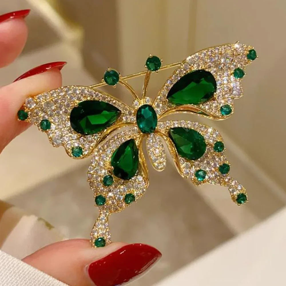 Fashion Women Girls Elegant Emerald Crystal Butterfly Brooches Badges Classic Lady Dress Suit High-End Pins Jewelry