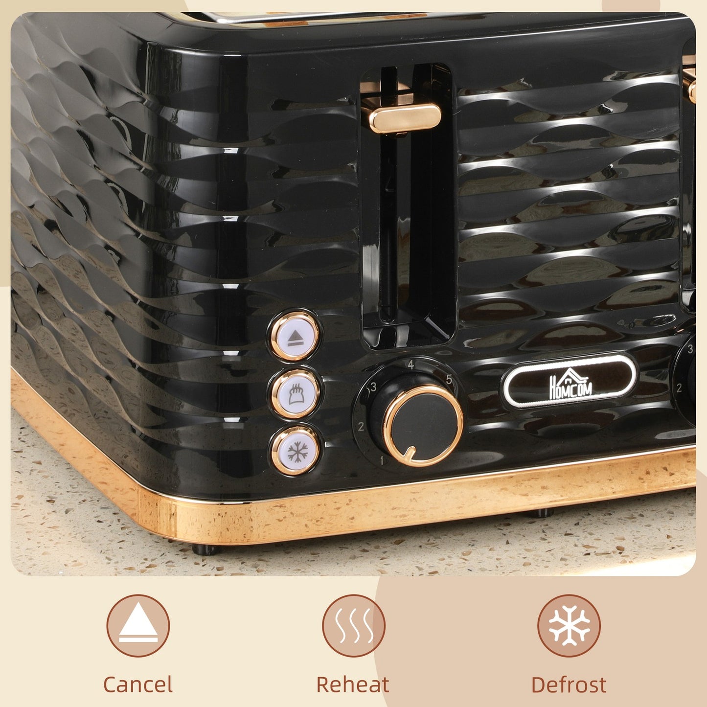 HOMCOM Toaster with 4 Slot, 7 Browning Levels, 1600W, Black Ripple