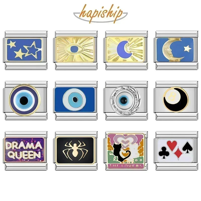 2024 Top Fashion Eye Moon Star Fish Spider Poker Queen Charm Italian Links Fit 9Mm Bracelet Making DIY Jewelry DJ854