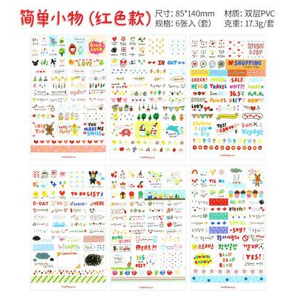 6Pcs/Lot Waterproof Cartoon Transparent Pvc Stickers DIY Hand Account Diary Decorative Stickers Kawaii Phone Cup Stickers