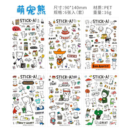 6Pcs/Lot Waterproof Cartoon Transparent Pvc Stickers DIY Hand Account Diary Decorative Stickers Kawaii Phone Cup Stickers