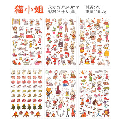 6Pcs/Lot Waterproof Cartoon Transparent Pvc Stickers DIY Hand Account Diary Decorative Stickers Kawaii Phone Cup Stickers
