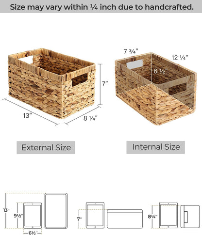 Wicker Storage Baskets for Shelves, Large Shelf Baskets with Handles, Rectangular Wicker Storage Boxes, Woven Basket for Organising Pantry Bathroom, Natural Water Hyacinth, 2-Pack