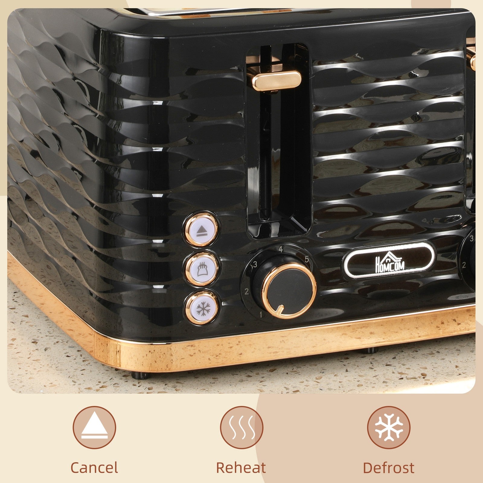 HOMCOM Toaster with 4 Slot, 7 Browning Levels, 1600W, Black Ripple